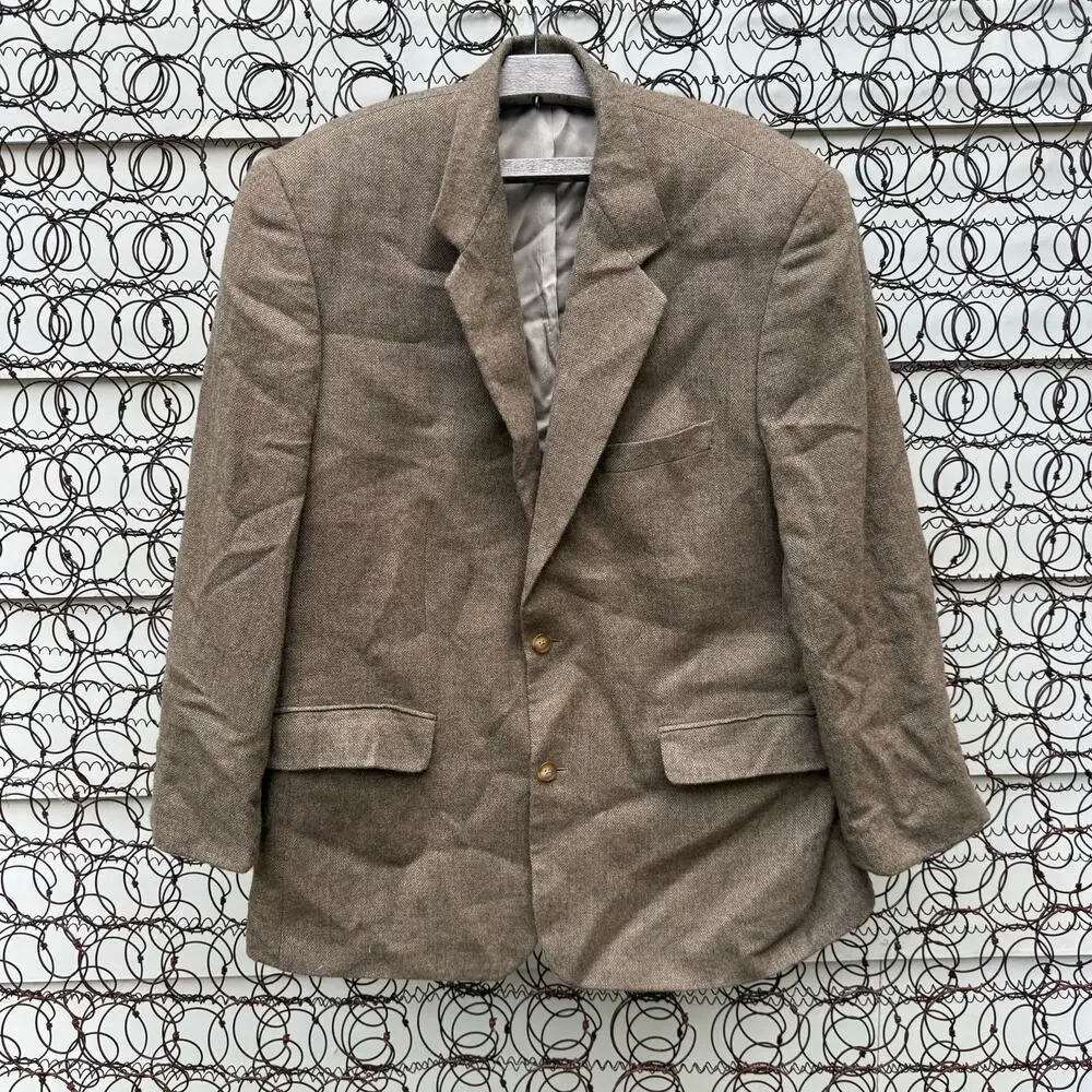 Vintage L.L. Bean Brown Herringbone Sport Coat Blazer Wool Cashmere 46R